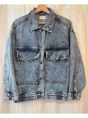 Mono b Blue Denim Bomber Jacket with Oversized Pockets Size Small #distressed